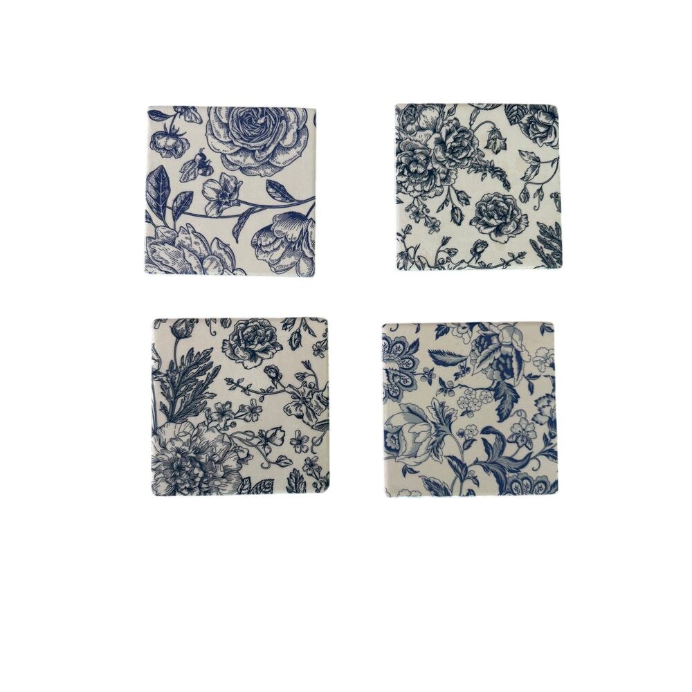 Chinoiserie Floral Ceramic Coasters Set of 4 | Vintage Tile Coasters - Picture 4 of 5